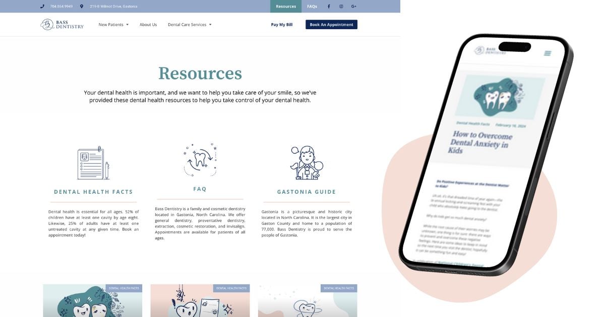 Part of the healthcare website design is this page of Bass Dentistry's resources, designed to offer patient education and support. The web page displays three main categories: 'What to Know Before Your Visit', 'FAQ', and 'Latest News', each accompanied by an illustrative icon for easy identification. A smartphone on the right side of the image shows a mobile view of the website, highlighting the accessibility of these resources on various devices. This layout emphasizes the clinic's commitment to providing valuable information to its patients, ensuring they have a comprehensive understanding of dental health and services.