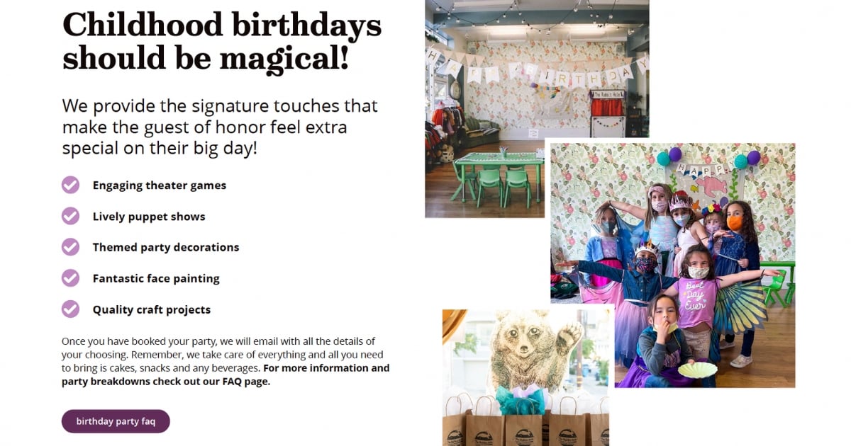 A webpage section titled 'Childhood birthdays should be magical!' from The Rabbit Hole Children's Theater, highlighting their birthday party services. The page lists features such as engaging theater games, lively puppet shows, themed party decorations, fantastic face painting, and quality craft projects. Two images show a decorated party room with a 'HAPPY BIRTHDAY' banner and children in costumes with face paint, looking like they're having a great time. This section emphasizes making the guest of honor feel extra special, with a call to action for more information and party bookings.